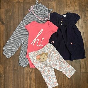 Carter's Navy Dress, Pink 'hi' Bodysuit, Striped Romper & Floral Pants Set